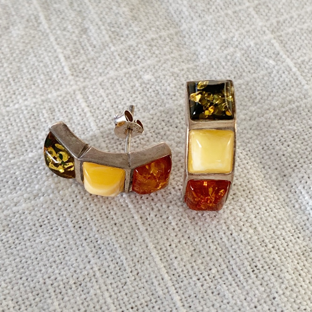 Antique amber 925 sterling silver multi amber earring.